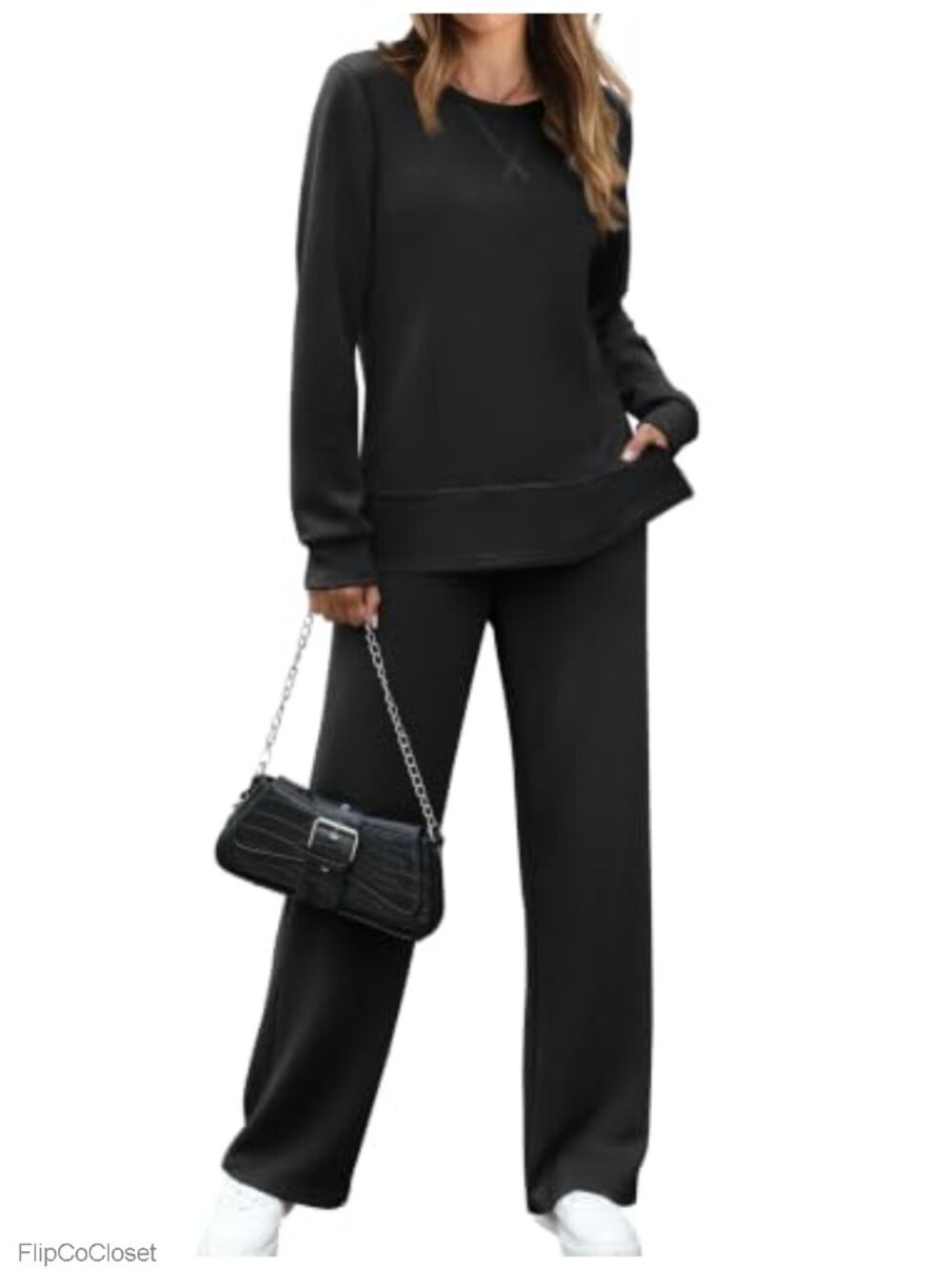 Women's 2 Piece Lounge Set Wide Leg Side Slit Long Sleeve Tracksuit Travel